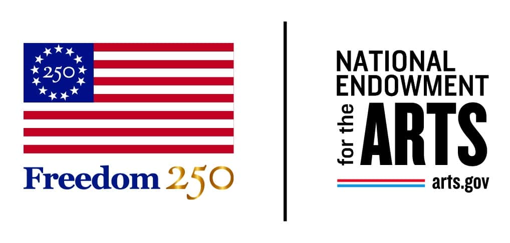 The image shows the Freedom 250 flag logo next to the National Endowment for the Arts logo with the website arts.gov below.