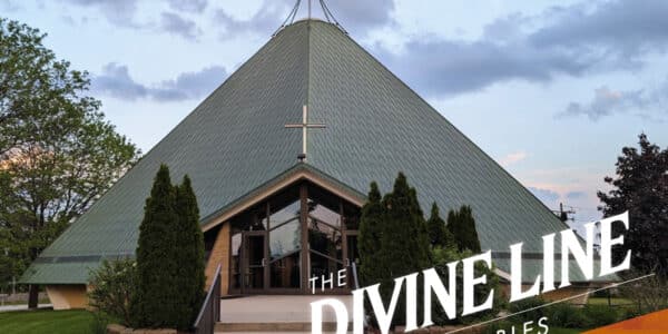 A modern church with a steep, triangular green roof, large cross, glass entrance, and flanked by trimmed bushes; text promotes a guided architectural tour in Wisconsin.