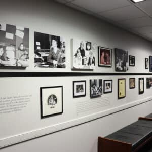 A hallway display features black-and-white photos, documents, and radio memorabilia from the 1970s, highlighting the era’s radio history and milestones.