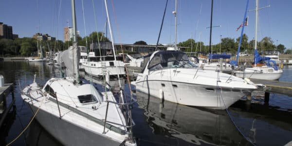 Several sailboats and motorboats docked at a marina with calm water, clear sky, and trees in the background.