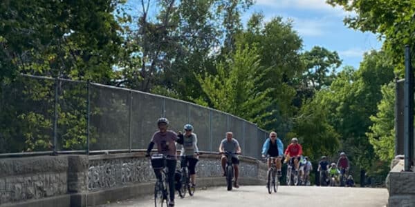 A group of cyclists ride across a paved bridge bordered by a stone wall and metal fence, with trees and blue sky in the background.