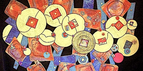 Abstract mixed-media artwork featuring layered circles, squares, and rectangles in shades of orange, cream, blue, and red on a black background.