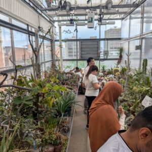Several people observe and examine various potted plants inside a greenhouse with large windows and overhead equipment.