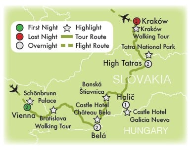 Map showing a tour route from Vienna, Austria to Kraków, Poland, passing through several locations in Slovakia, with stops and overnight stays marked.