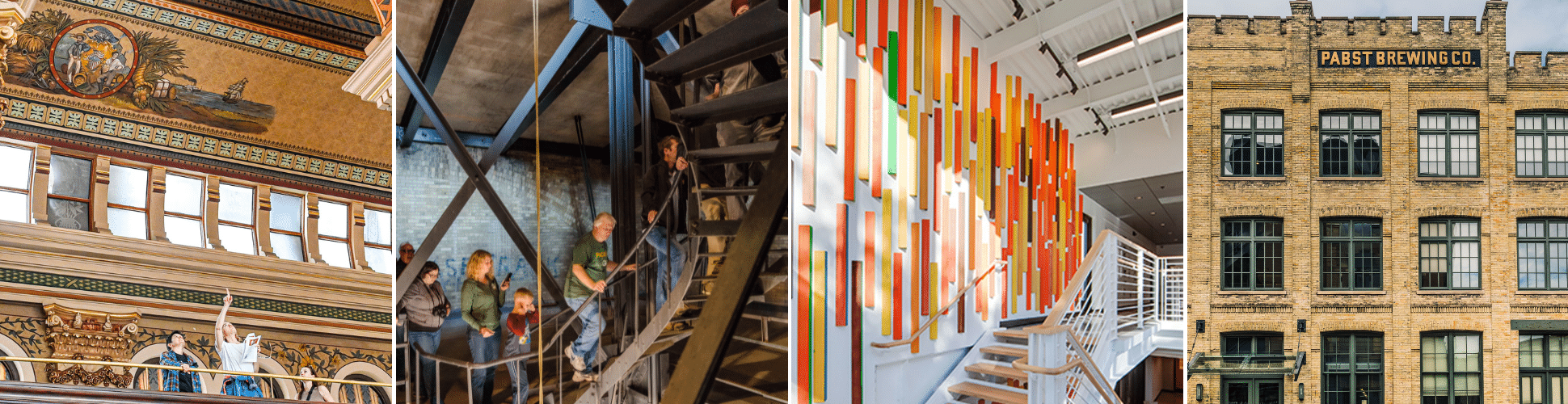Four images: ornate painted interior detail, people on a metal staircase, modern installation with colorful vertical bars, and the exterior of an old brick brewery building.