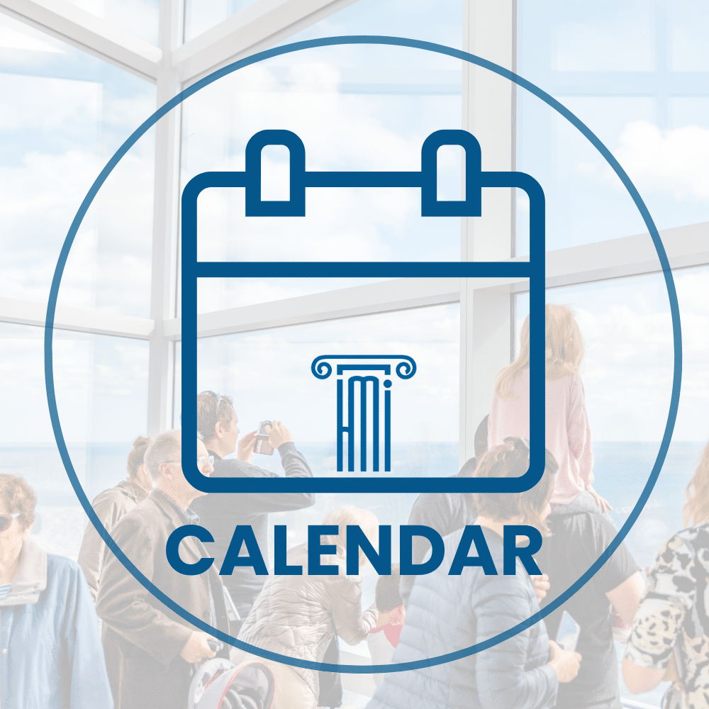 A group of people stands inside a glass-walled building with a large calendar icon and the word "CALENDAR" overlaid on the image.