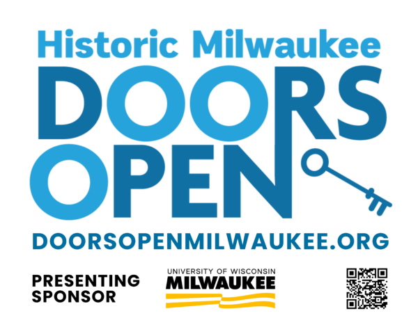 Promotional graphic for Doors Open Milwaukee with a large key illustration, website URL, and logos for University of Wisconsin-Milwaukee and a QR code at the bottom.