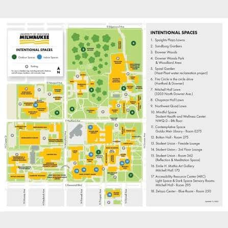 Map of the University of Wisconsin-Milwaukee campus highlighting intentional outdoor spaces, parking, and building locations with an index listing 18 specific sites.