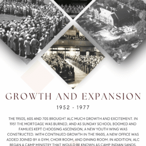 Black and white photos of church gatherings and buildings frame a poster titled “Growth and Expansion 1952-1977” for Ascension Lutheran Church, with a summary of milestones below.