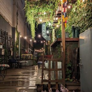 A narrow alleyway with string lights, green vines, a wet wooden walkway, and a vertical sign reading “DINER” at night. Tables and chairs are set along the side.