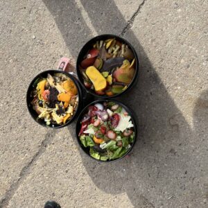 Three round containers on concrete, each filled with different food scraps including fruit and vegetable peels, citrus, and salad greens. Shadows and part of a shoe are visible on the ground.