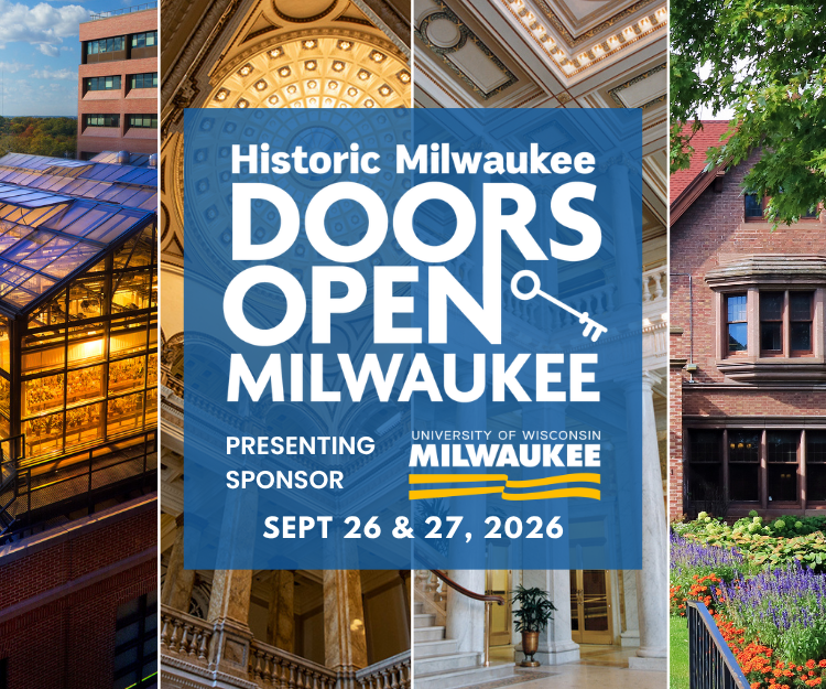 Event poster for Doors Open Milwaukee, presented by the University of Wisconsin Milwaukee, scheduled for September 26 and 27, 2026, with images of city architecture in the background.