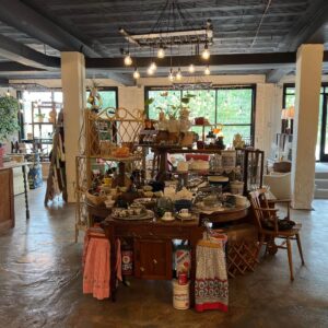 Vintage store interior with various kitchenware, decor, and furniture displayed on tables and shelves; natural light coming through large windows in the background.
