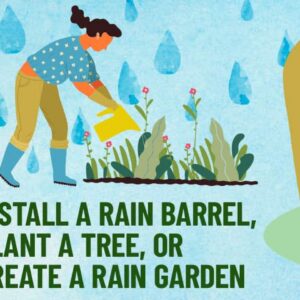 Three people installing a rain barrel, planting a tree, and creating a rain garden, with text encouraging these eco-friendly actions.