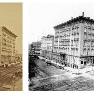 Side-by-side historical photos show a large, multi-story hotel building with arched windows on a city street corner, with horse-drawn carriages visible.