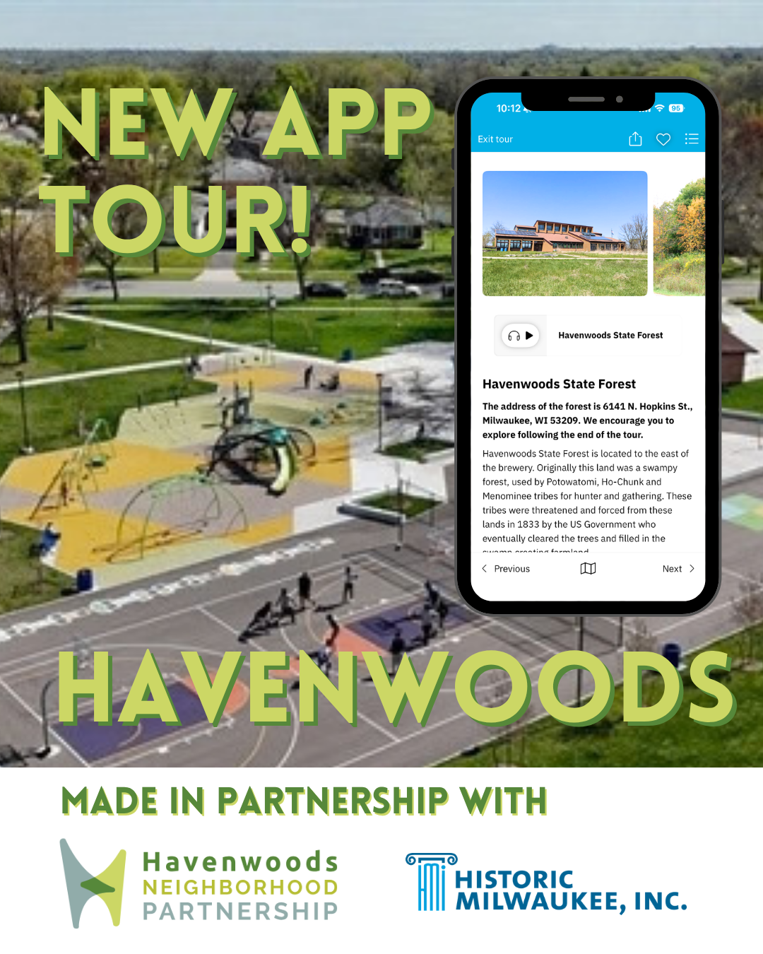 A phone displays an app tour of Havenwoods State Forest over a blurred photo of a park, with logos for Havenwoods Neighborhood Partnership and Historic Milwaukee, Inc.