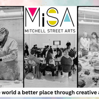 Three photos show people collaborating on art projects, with the Mitchell Street Arts logo and the tagline, “Making the world a better place through creative abundance.”.